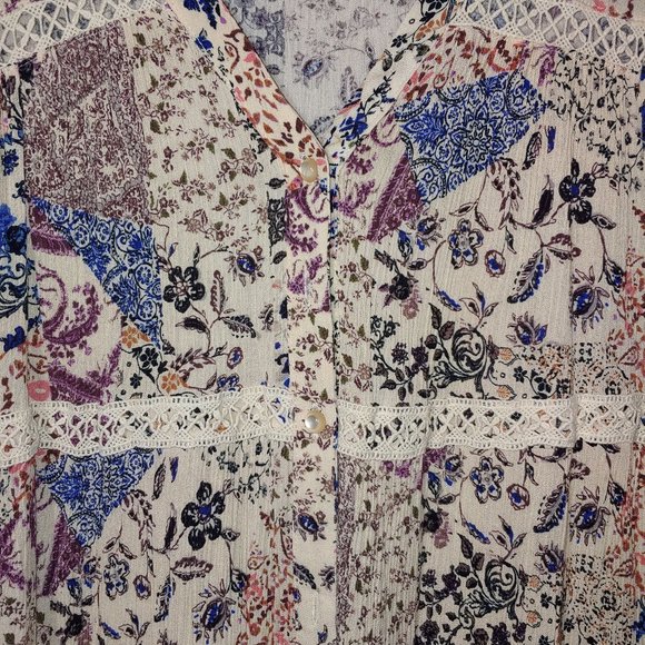 Knos Rose Tiered Floral Crochet Lace Trim Button Down Bell Sleeve Dress Size S - Picture 3 of 7